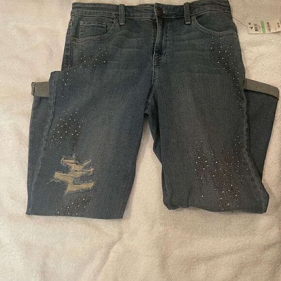 NWT Style& co Blue Beaded Embroidered Denim Distressed Boyfriend Jeans Size 8 - Picture 3 of 15